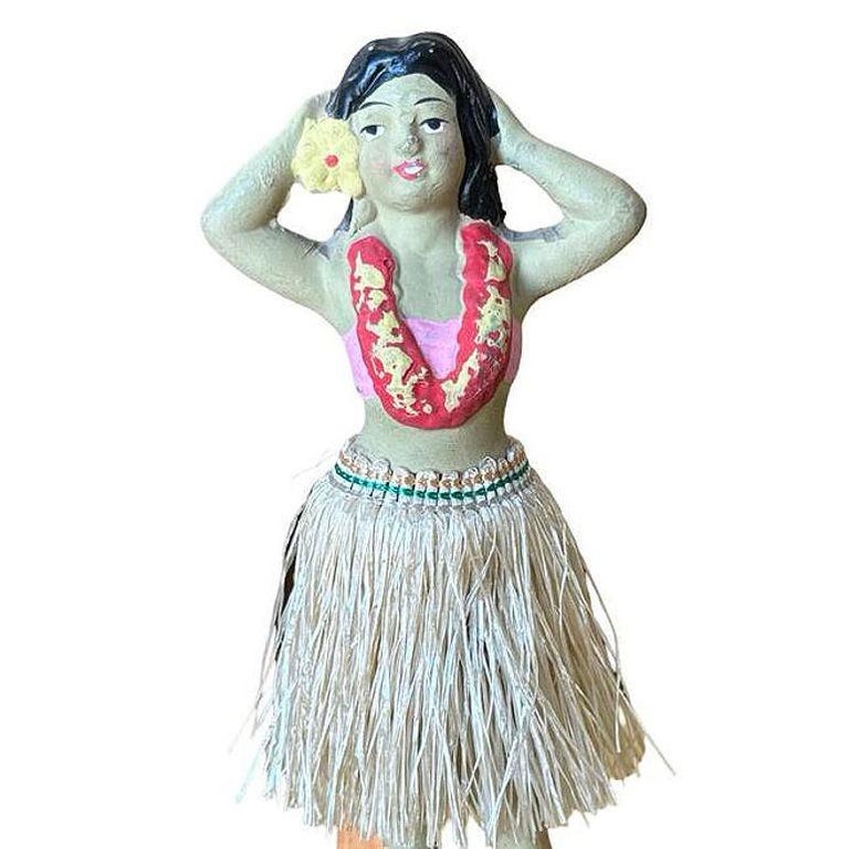 Post War Ceramic "Aloha" Hawaiian Dancing Hula Girl w/ Lei & Grass Skirt