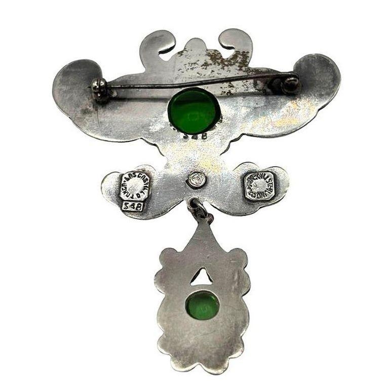 Silver Los Castillo Statement Brooch w Ornate Drop and Chrysoprase Stones