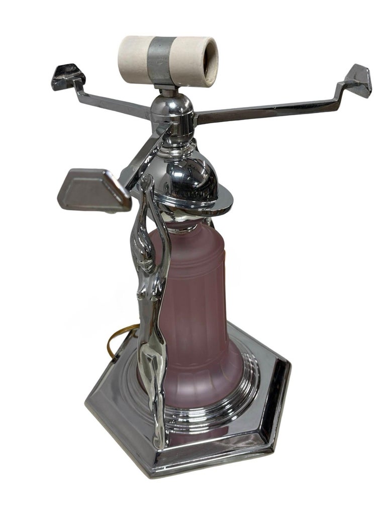 Frankart Era Art Deco Style Chrome Figural Lamp w/ Vivian Glass Shade