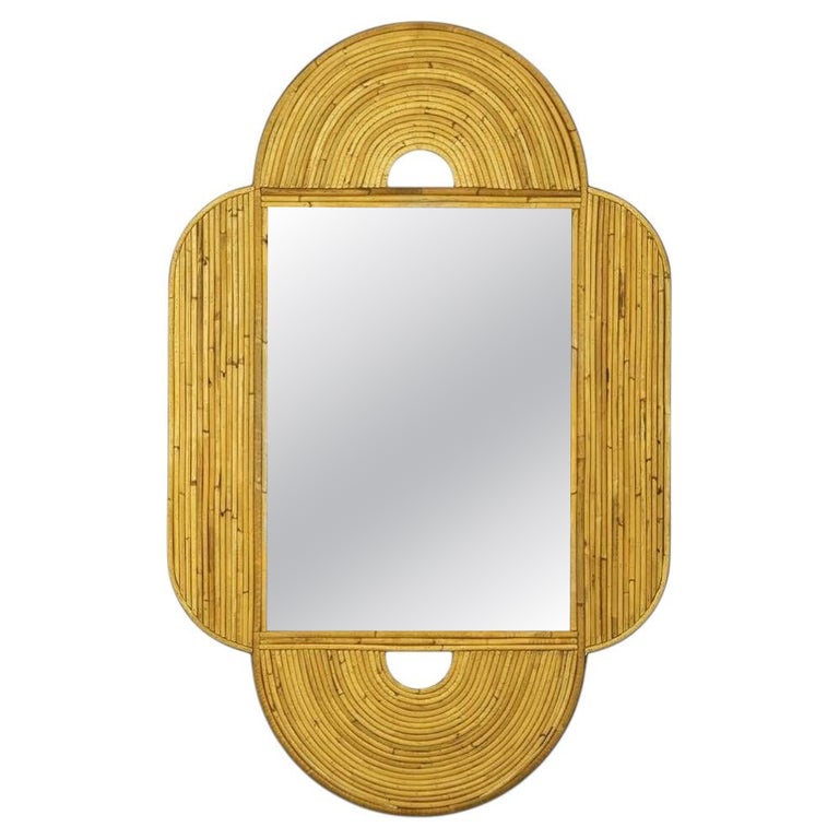 Large 47"x 30" Italian Restored Streamline Split Reed Rattan Arched Wall Mirror
