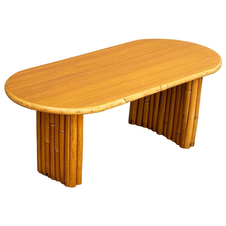 Restored Rattan & Koa Wood Oval Surfboard Coffee Table w/ Stacked Rattan Legs