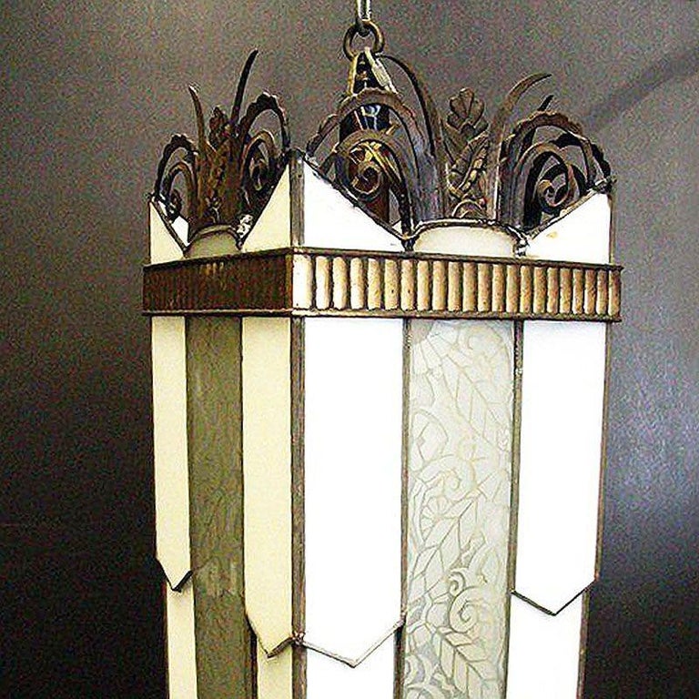 Art Deco Geometric Leaded Glass Grand Theater Chandelier w/ Bronze Scrolling Top