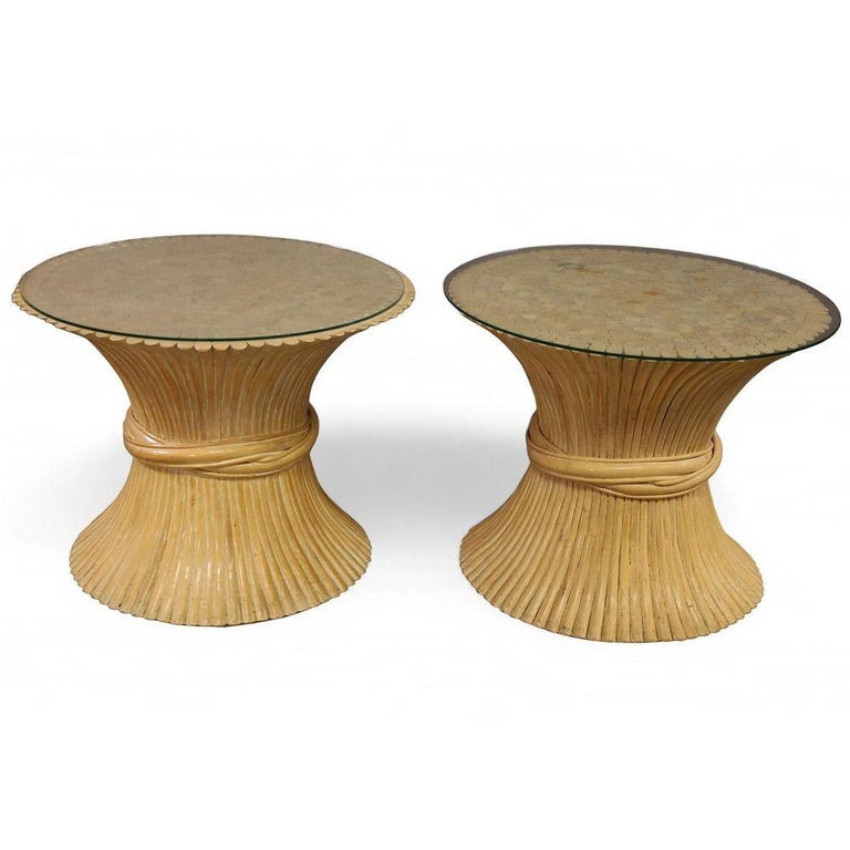Restored Mcguire Corseted Hour Glass Rattan Coffee Table and Side Tables Set