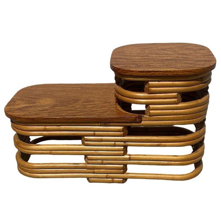 Restored Art Deco Two-Tier Stacked Rattan Side Table w/ Mahogany Top, Pair