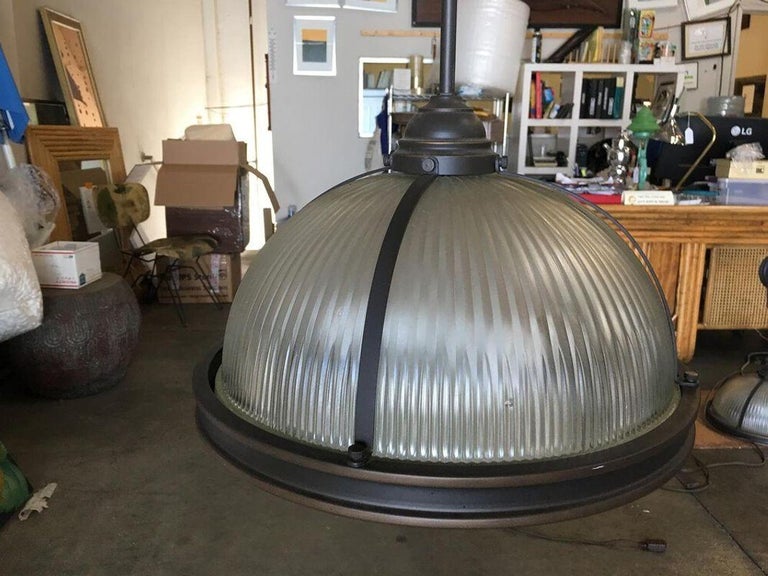 Industrial Ribbed Pendant Lamp Holophane Style Pair