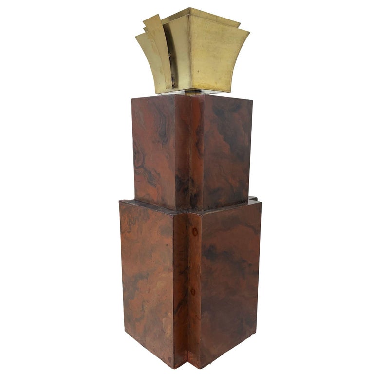 Grand Hollywood Art Deco Style Wood & Brass 9' Tall Torchiere Floor Lamp, Pair