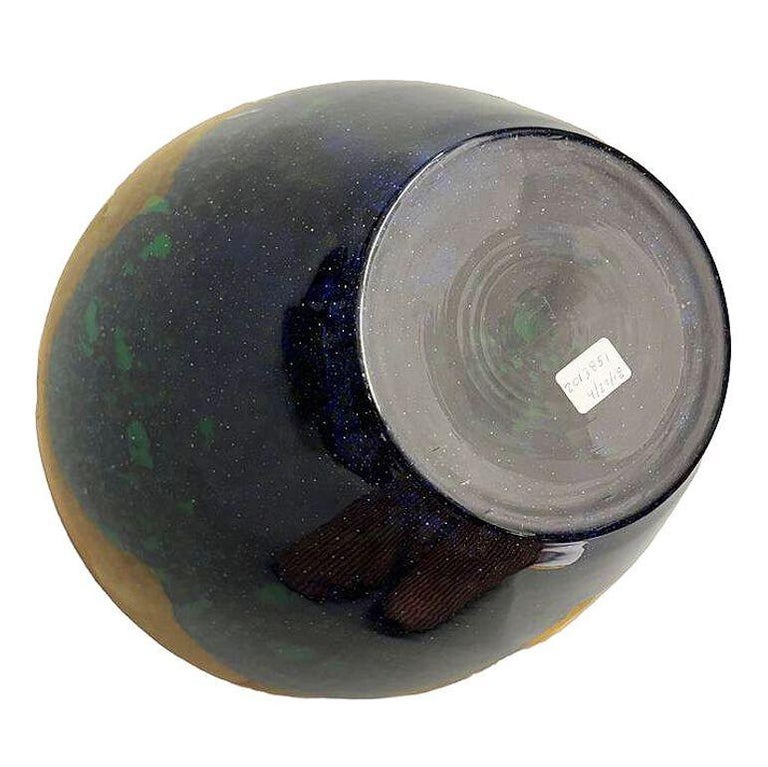 Large Hand-Blown Blue & Emerald Marbled Leaded Art Glass Vase, Unisgned