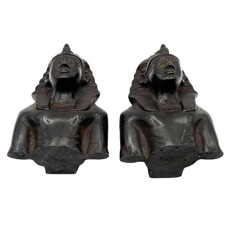 Hand Carved Ebony Wood King Tut Tutankhamen Pharaoh Bust Book Ends Signed 1974