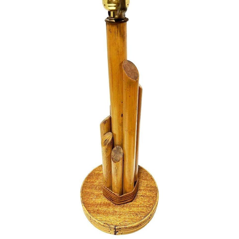 Sculptural Mahogany & Wicker Wrapped Rattan Graduated 7-Pole Table Lamps, Pair