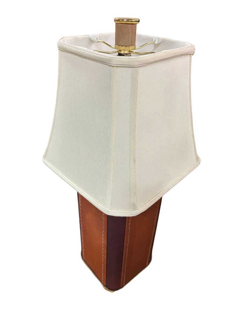Two-Toned Square Leather Wrapped Table Lamp with Gold Trim
