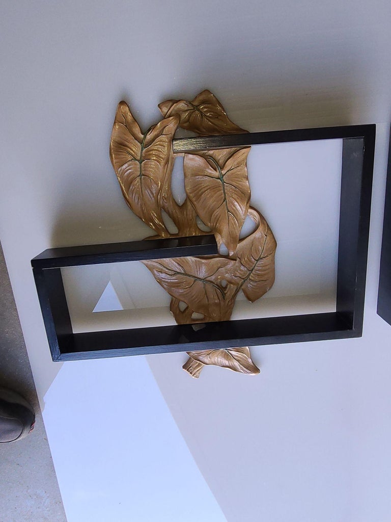 Midcentury Wall Shelf with Hand Carved Leaf Pattern, Pair