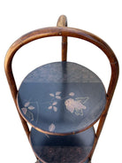 Costal Three Tiered Dark Stained Rattan Shelf w East Asian Motif Tops