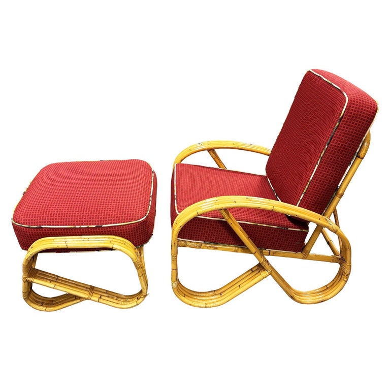 Mid-Century 4-Strand 3/4 Reverse Pretzel Rattan Lounge Chair w/ Matching Ottoman