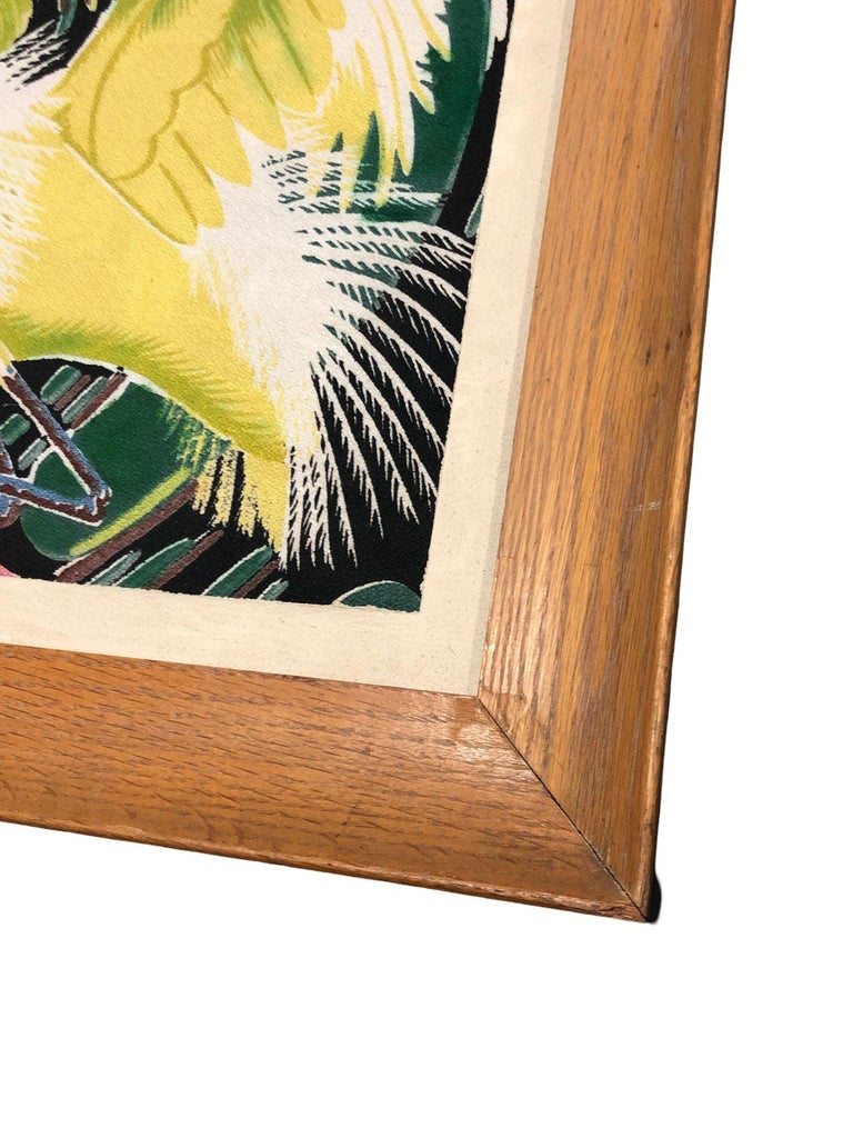 Restored Vintage 1949 Rattan Framed Crane Barkcloth Fabric Sample by Spectrum