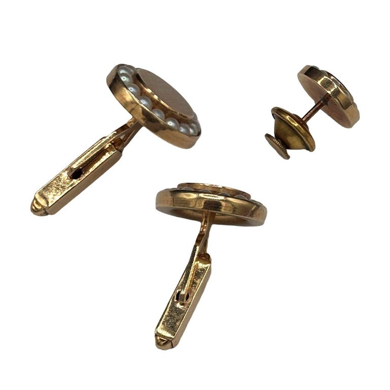 Round 14-Karat Pearl Cufflinks with Bullet Back Clasp and tie Pin