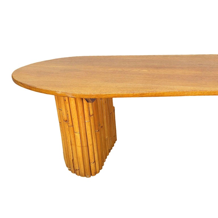 Restored Rare Mid-Century Rattan and Mahogany Asymmetric "J" Coffee Table