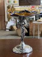 Chrome Farberware Nude Women Art Deco Compote w/ Amber Glass Cup