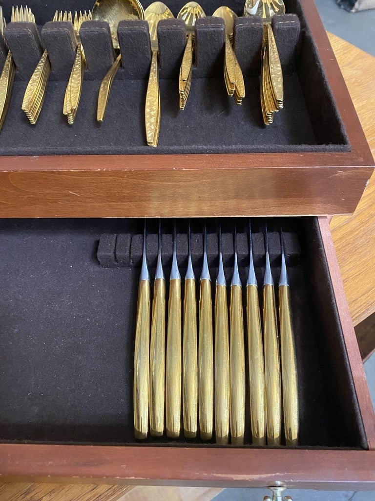 Modernist Pattern Gold Plated Stainless Flatware Set of 92 by 1847 Rogers Bros