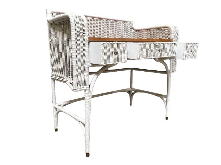 Shabby Chic White Wicker Mahogany Top Writing Secretary Desk w/ Chair