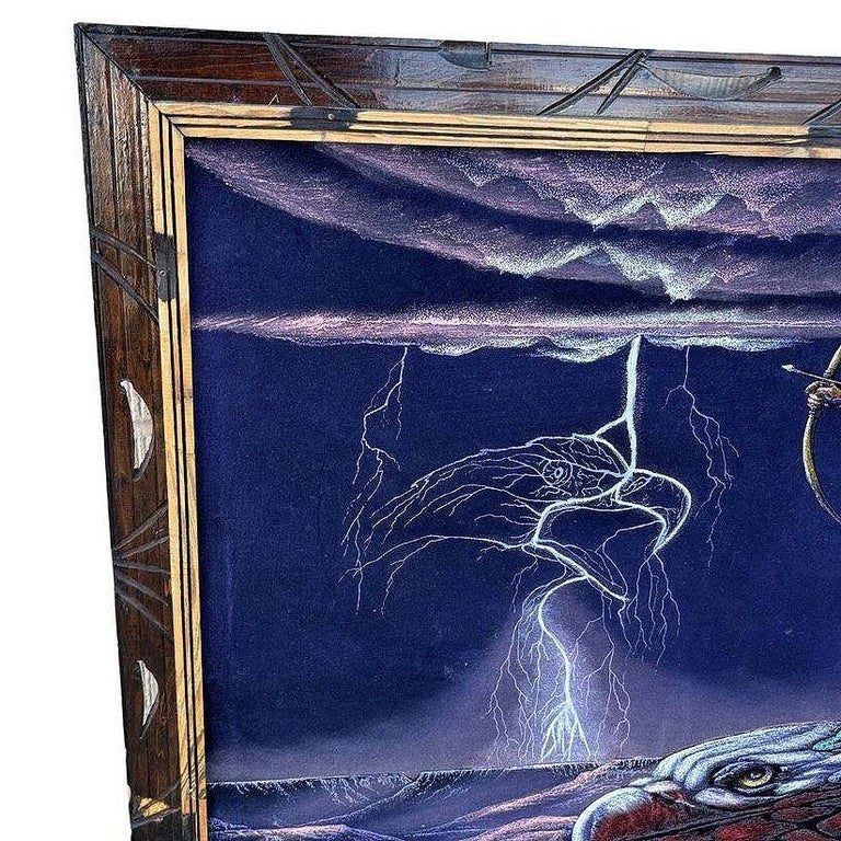 Mid-century Native Archer & Eagle Oil Velvet in Carved Frame by Ernesto Sanchez