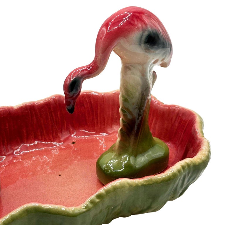 MCM California Pottery Ceramic Flamingo Figurine Set w/ Tropical Pond Tray