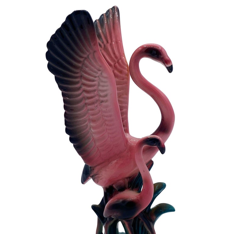 MCM Open Wing Mother & Child Pink Flamingo Ceramic Tabletop Statue By Leftons