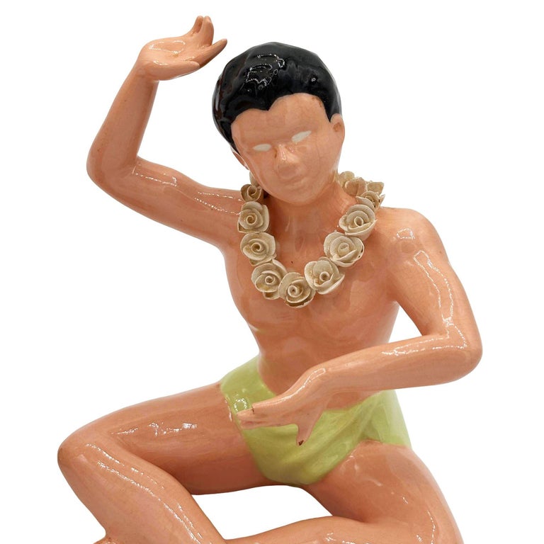 Mid-Century Hawaiian Hand Painted Hula Girl & Surfer Male Ceramic Statue, Pair