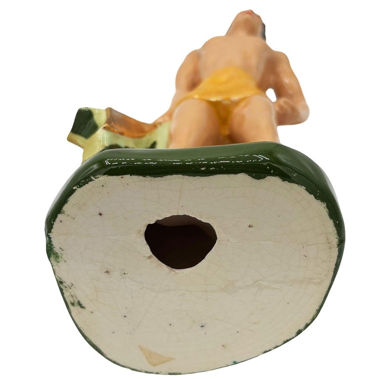 Mid-Century Hand Painted Native Surfer w/ Gold Machete Ceramic Sculpture