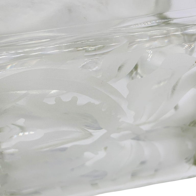 1970 Brutalist Postmodern Glass Block Table Vase w/ Acid Etched Hibiscus