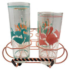 Mid-Century Pink Wire Frame Drinks Tray w/ Six Highball Flamingo Glasses