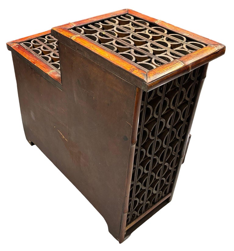 Late Qing Dynasty Split Bamboo & Lattice Top Chippendale Cabinet w/ 3 Drawers