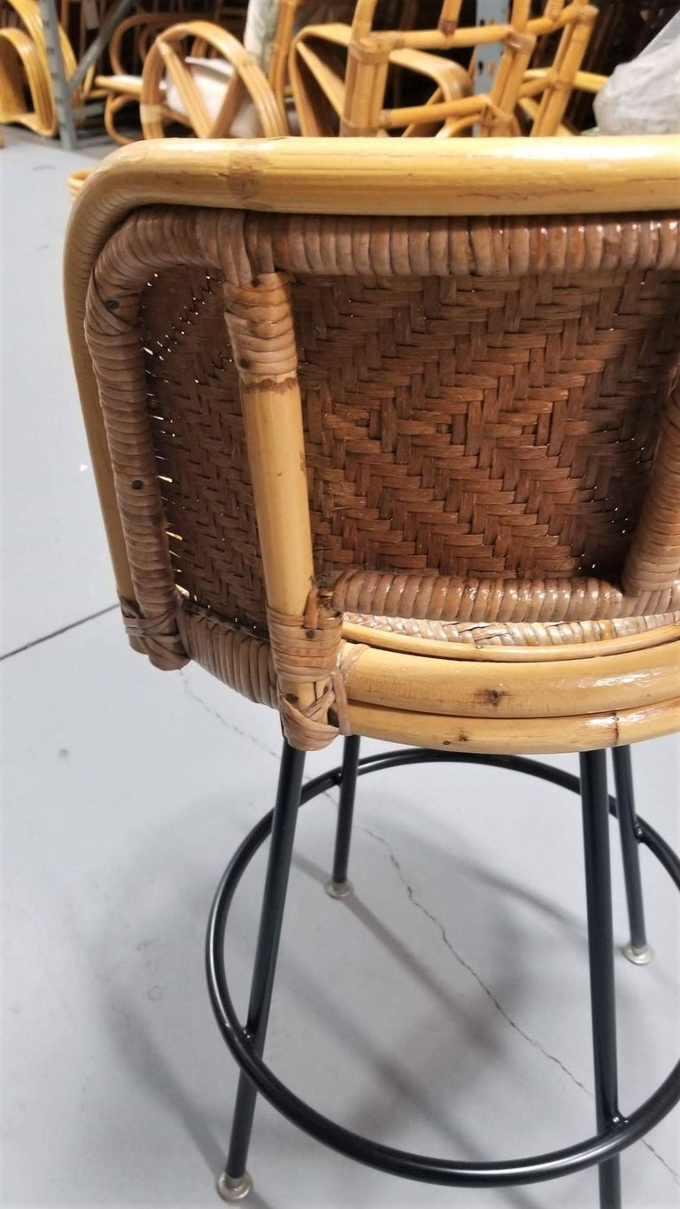Restored Rattan & Wicker Swivel Bar Stool w/ Iron Base, Seng of Chicago