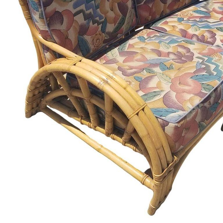 Restored Mid-century 3 Strand Rattan Spoke Half Moon Arm Corner Sectional Sofa