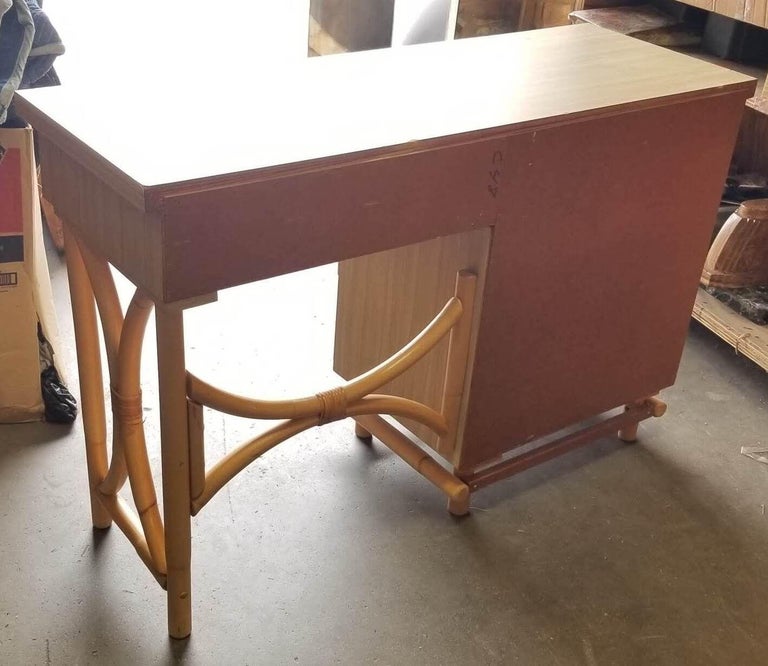 Restored Rattan and Formica Desk with Drawers and Hourglass Rattan Sides