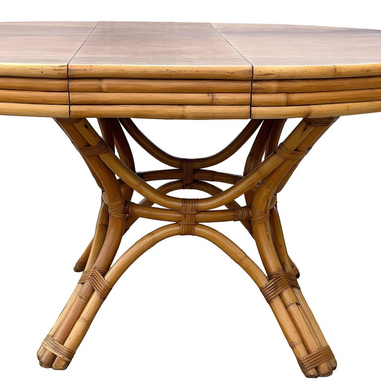 Restored Round Rattan & Mahogany Dining Table W/ Leaf