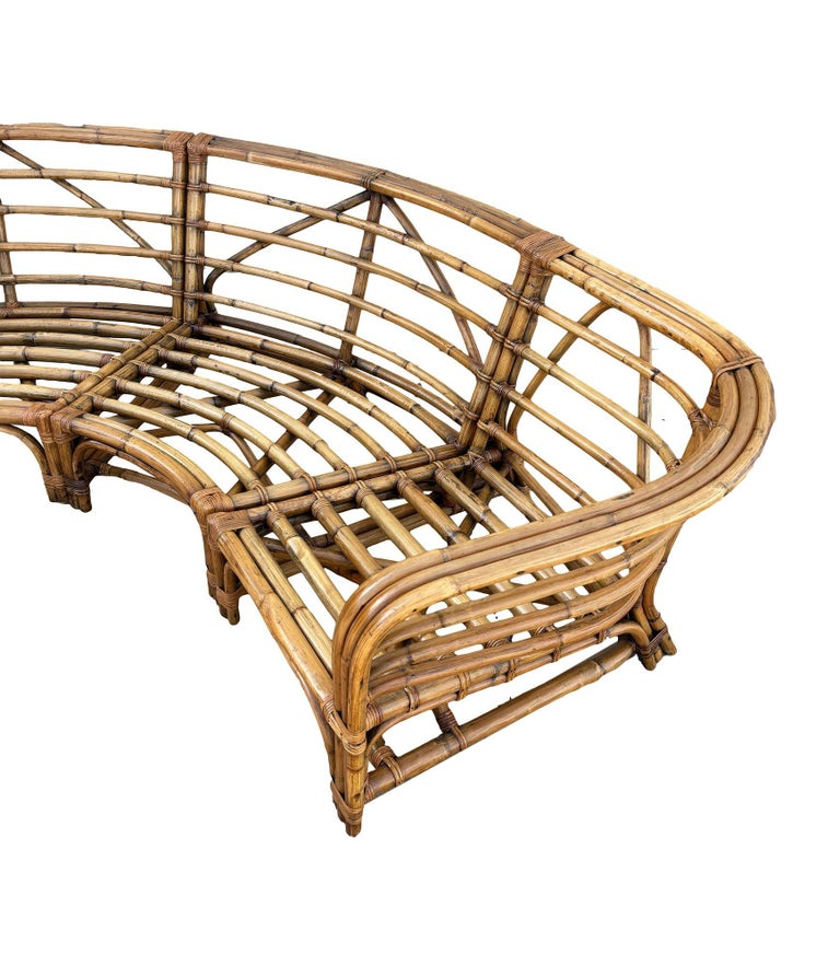Restored MCM Rattan Round Sectional Corner Sofa w/ 3-Strand Waterfall Arms