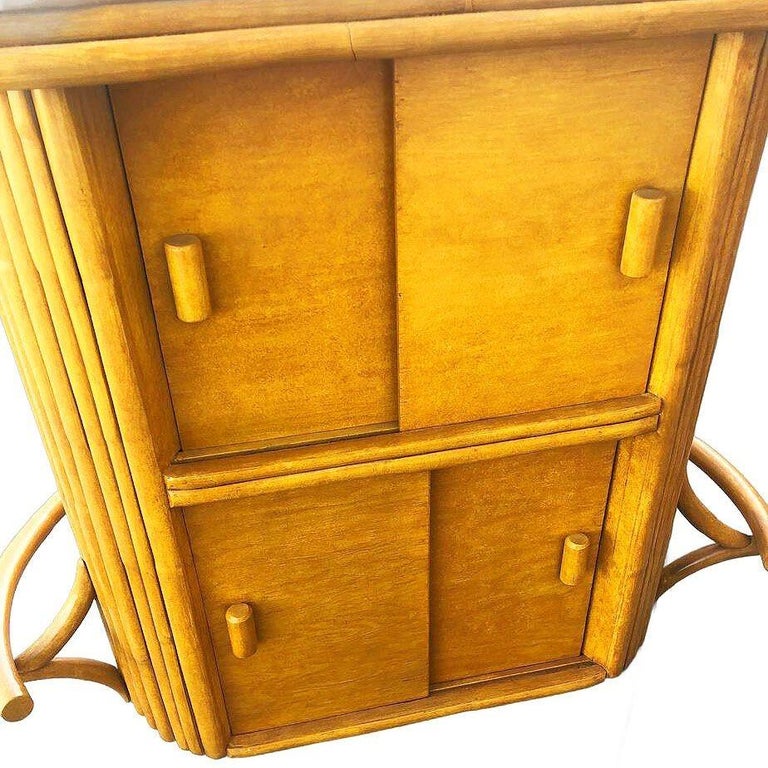 Restored Mid-century Vertically Stacked Oval Top Rattan Bar w/ Foot Rest