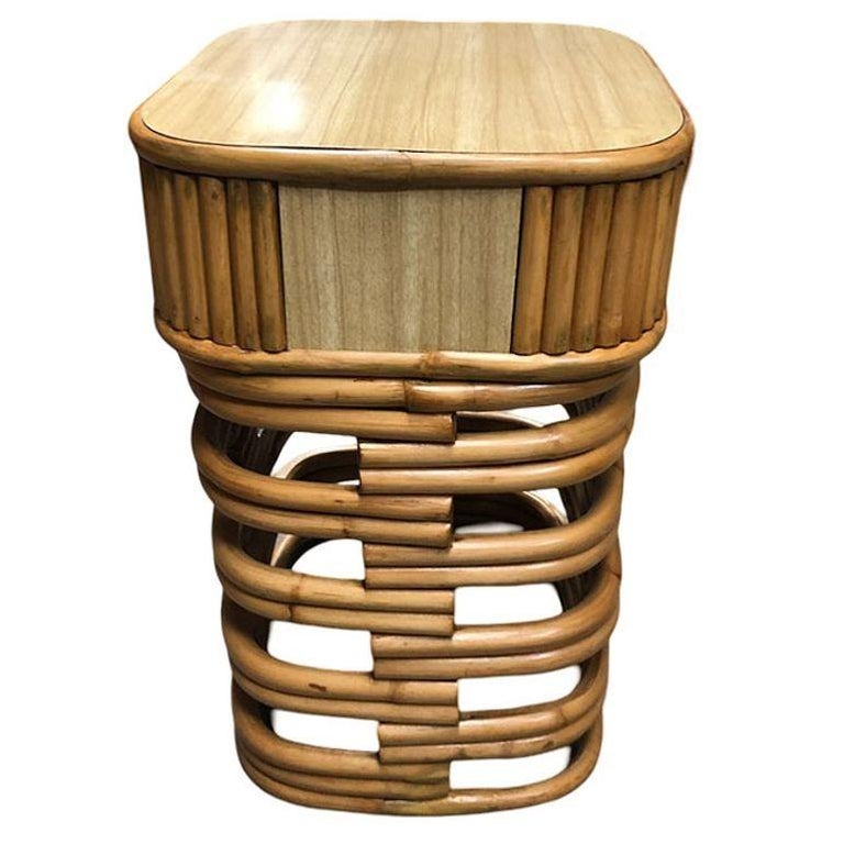 Restored Modernist Stacked Rattan Nightstand Side Table w/ Formica Top, Pair