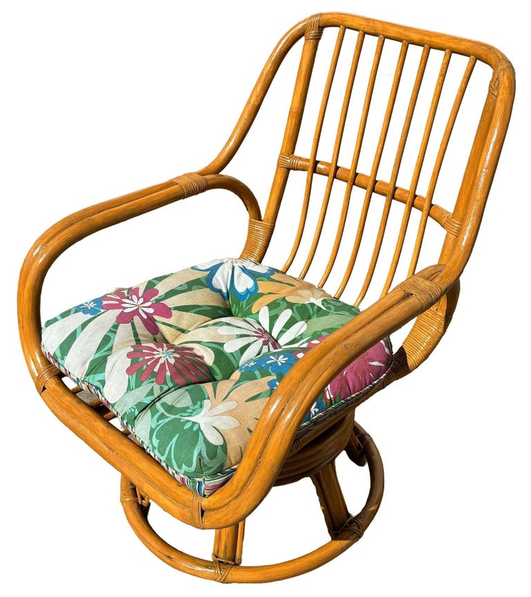 Restored Rattan Double-Strand Swivel Seat Lounge Chair