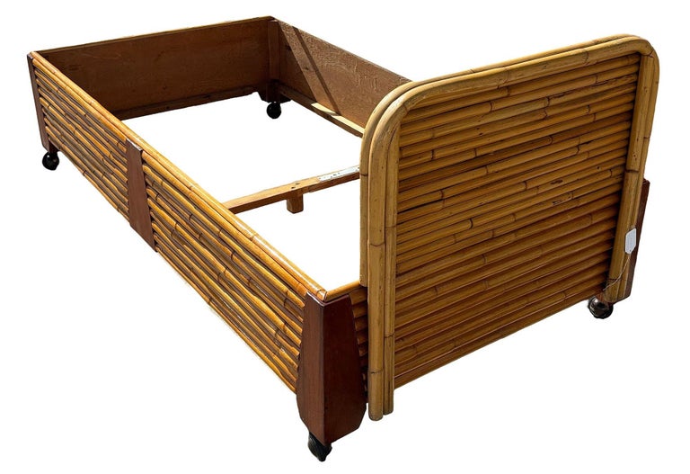 Restored Art Deco Geometric Stacked Rattan Bed and Mahogany Twin Bed Frame