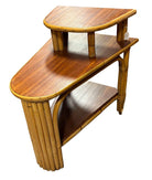 Restored MCM Rattan & Mahogany 3-Tiered Vertically Stacked Rattan Wedge Table