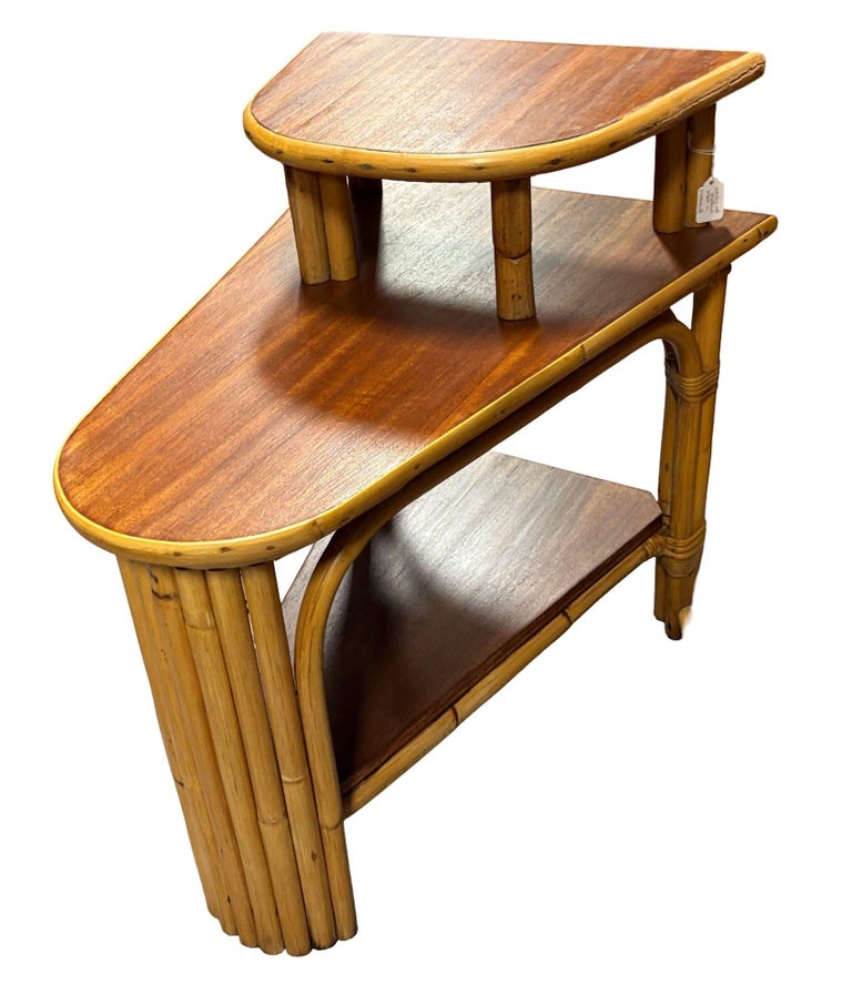 Restored MCM Rattan & Mahogany 3-Tiered Vertically Stacked Rattan Wedge Table