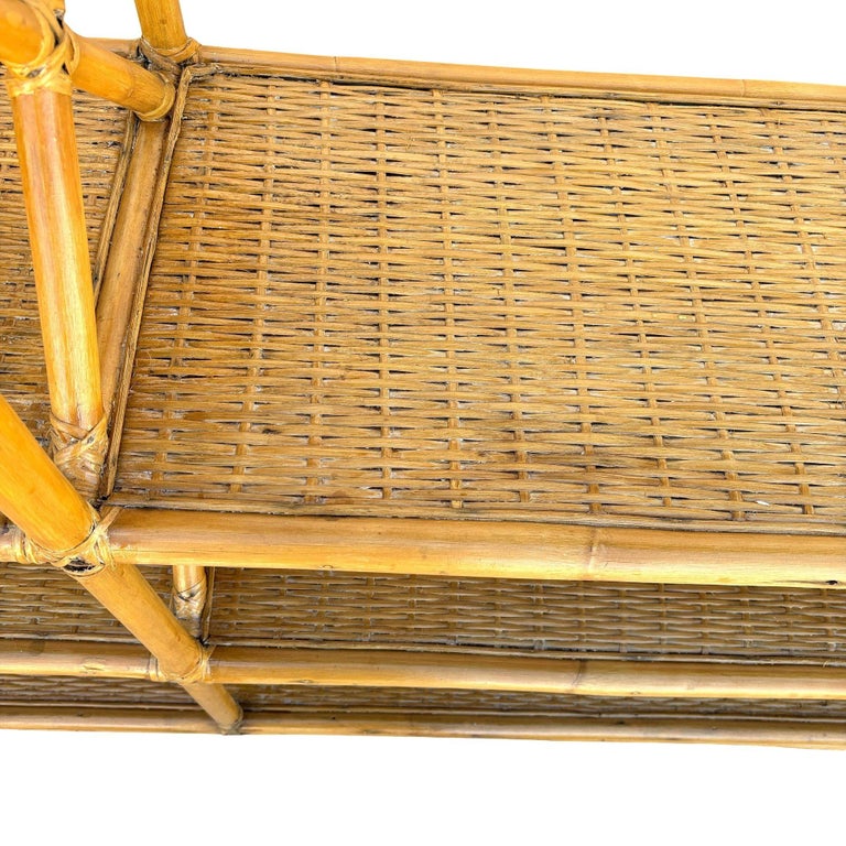Restored Mid-century Rattan Ten-Tier Display Shelf Wall Etagere Unit w/ Cabinet