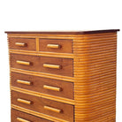 Restored Art Deco 6 Drawer Stacked Rattan Highboy Dresser w/ Mahogany Top