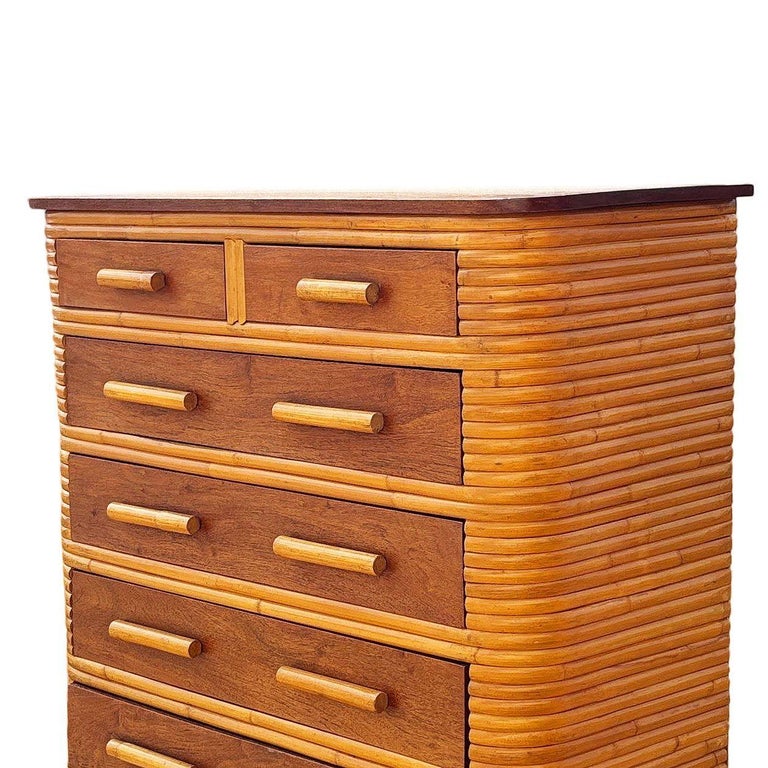 Restored Art Deco 6 Drawer Stacked Rattan Highboy Dresser w/ Mahogany Top