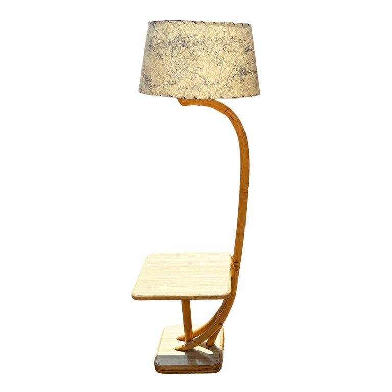 Rare Restored Two-tier Rattan Floor Lamp w/ Built-In Formica Top Side Table