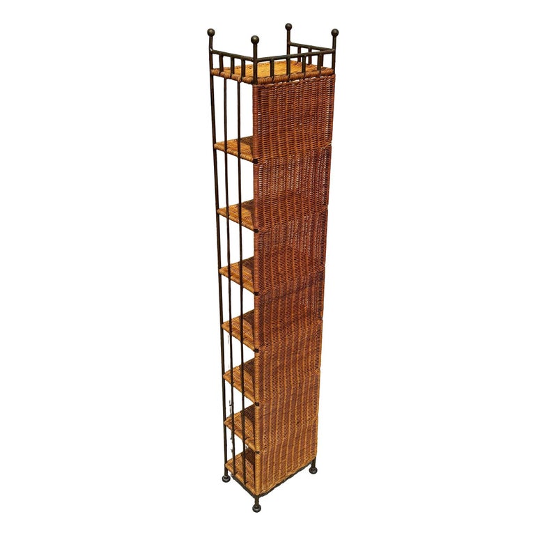 1990s Boho Wicker & Cast Iron Compact Disc CD Holder Towers, Pair