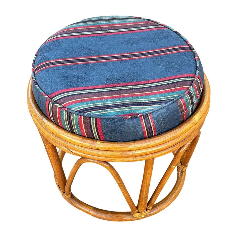 Restored Rattan Footstool with Striped Jacquard Navy Cushion