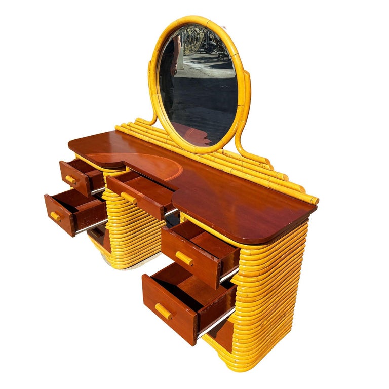 Restored Art Deco Frankl Style Stacked Rattan Vanity w/ Round Mirror & Stool