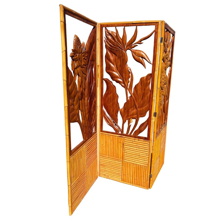 3 Panel Mid-Century Carved Koa Wood & Stacked Rattan Folding Screen